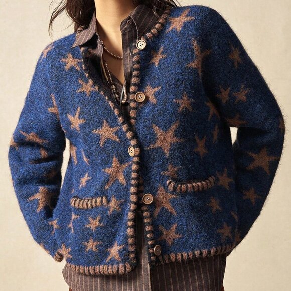 Sweaters - Blue Boho Style Women's Star Jacquard Knit Cardigan